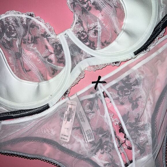 Victoria's Secret UNLINED 34C BRA SET L Panty+thong WHITE BLACK EMBROIDERED - Picture 4 of 4